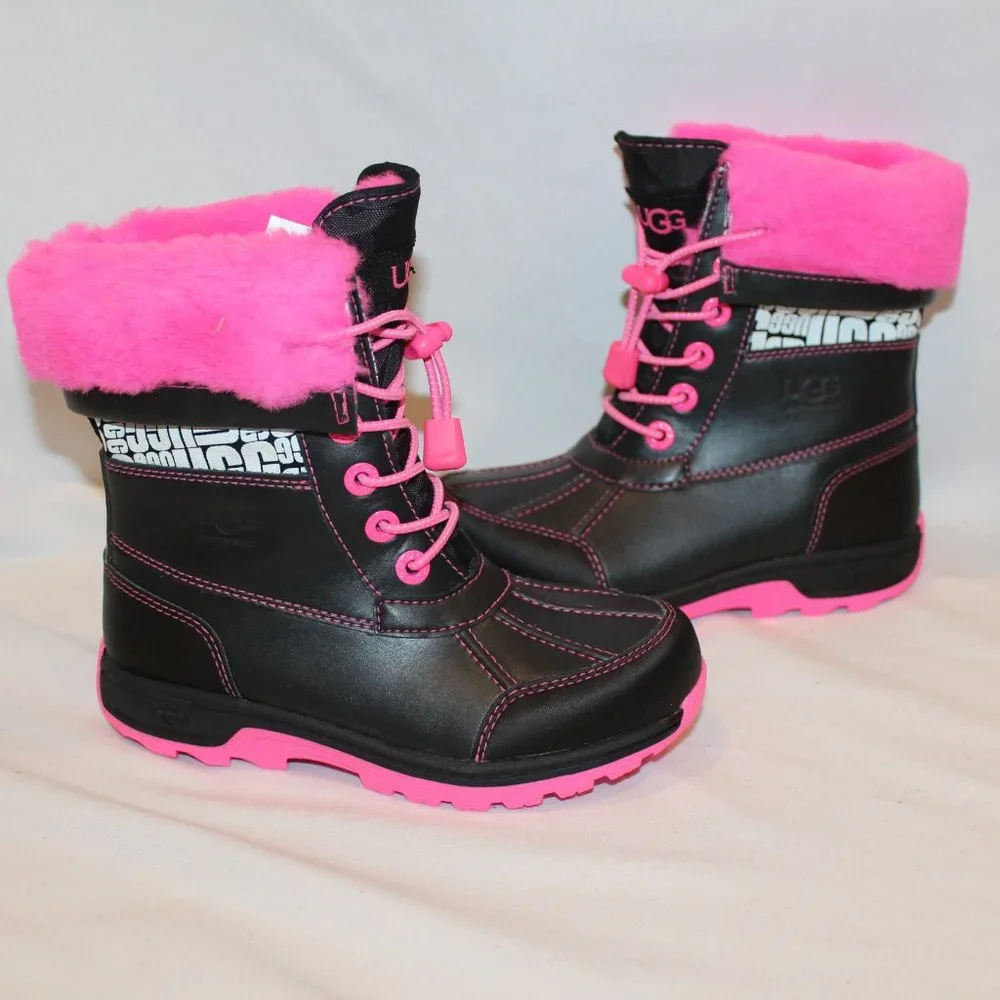 NIB UGG BUTTE WATERPROOF LEATHER‎ SHEARLING LINED WINTER ANKLE BOOTS BLACK PINK